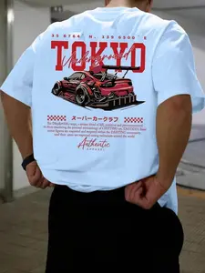 Men's Regular Fit Car & Letter Print Round Neck Tee, Street Fashion Casual Short Sleeve T-shirt for Daily Wear, Men's Top for All Seasons, Tropical, Streetwear