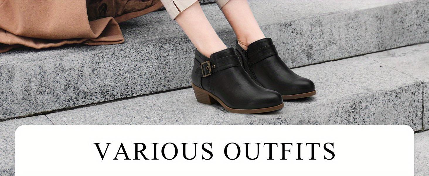 Comfortable Round-Toe Ankle Boots for Women with a Low Chunky Stacked Heel And Side Zipper.