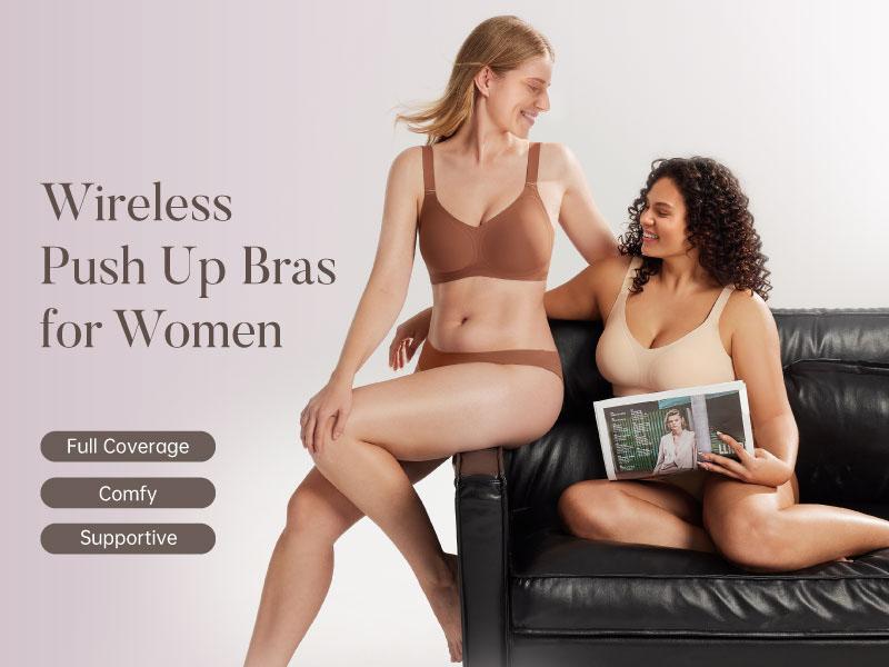 OEAK Bras for Women V Neck No Underwire Wireless Plus Size Support Bra Underarm Smoothing Seamless Push Up Full Coverage T-Shirt Sports Bra