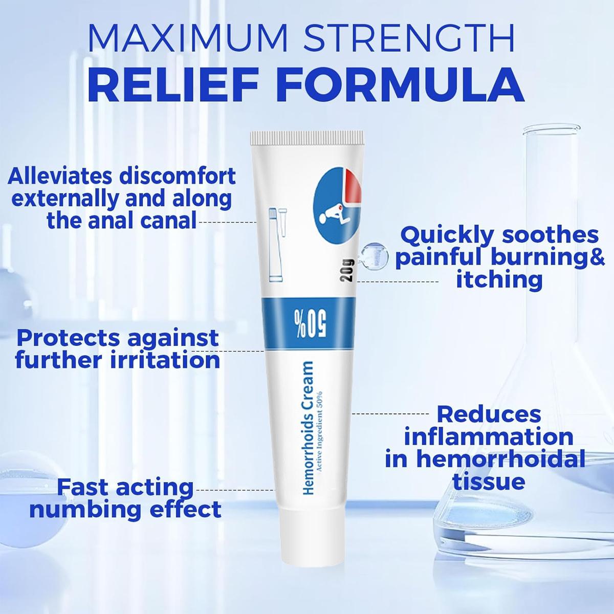 TrueRelief Herbal Instant Pain Relief 50% Hemorrhoids Cream for Men & Women - 20g Tube - Maximum Strength Formula for Anti-Itch Burning & Discomfort Treatment - Soothing Body Care Ointment extension tube