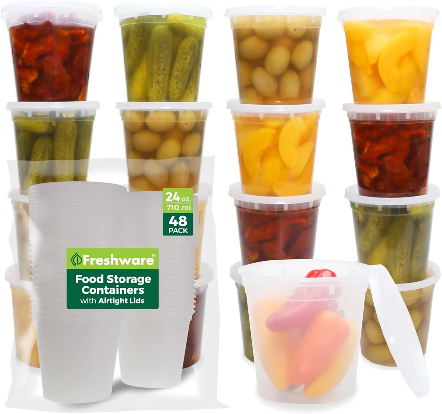 Freshware 48-Pack 24 oz High-Quality Plastic Deli Containers with Lids - Airtight, Dustproof, Leakproof, Stackable, Durable, Microwave Safe Reusable, BPA-Free, Freezer-Safe Kitchen Food Storage Containers