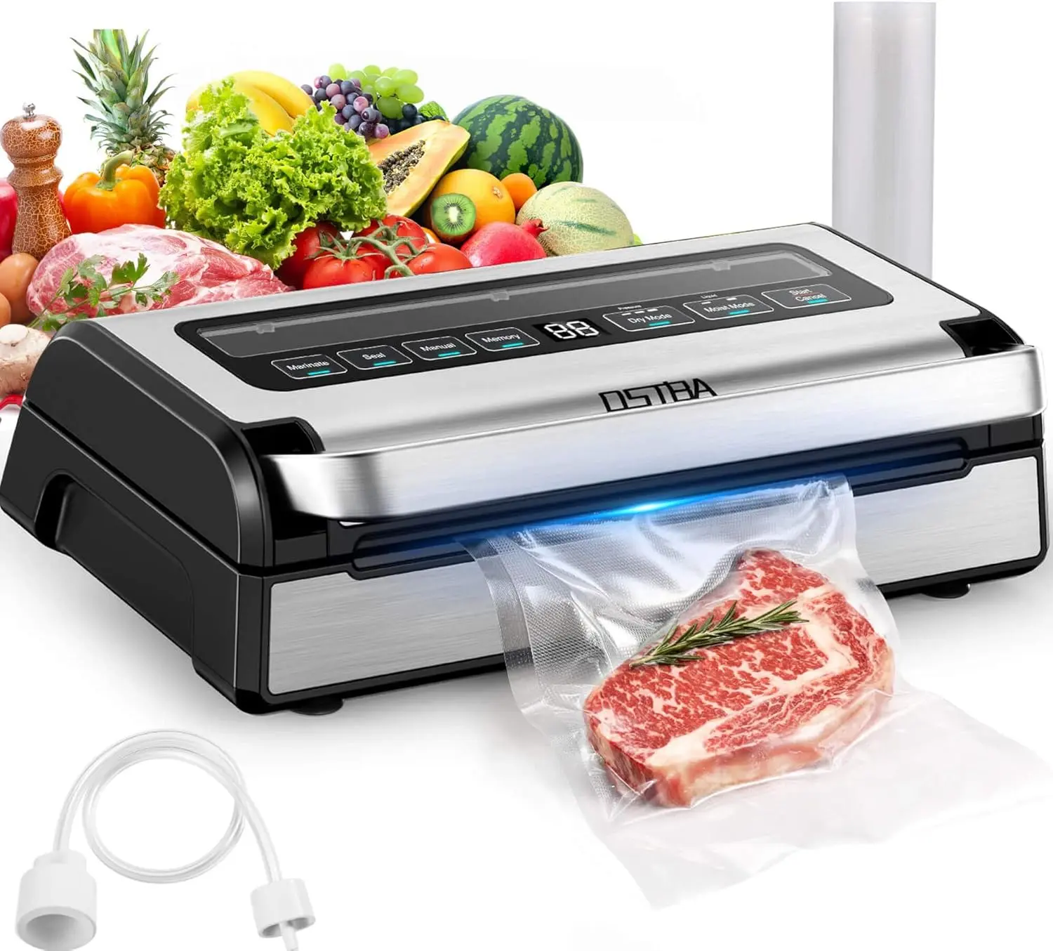 OSTBA 180W Vacuum Packing Machine, 12-in-1 Double Pump Food Saver with Built-in Cutter, Bag Storage, Easy-Lock Handle, Dry/Moist/Marinate Modes, Memory Function, 1 Bag Roll & Hose Included, 180W High-Efficiency Motor, Saving Money