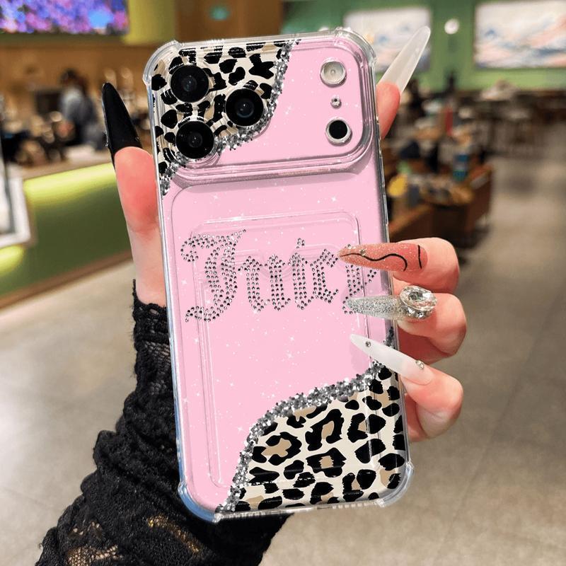 Transparent Card Slot Case, Leopard Pattern, Thick Anti-Drop Phone Cover Compatible with iPhone 17/17 Pro Max/air/11-16 Series Military-Grade Camera Custom Monogram Striped Glitter Electroplated Girly iPad Pen Anti-Slip Slim Shockproof Camo Tough