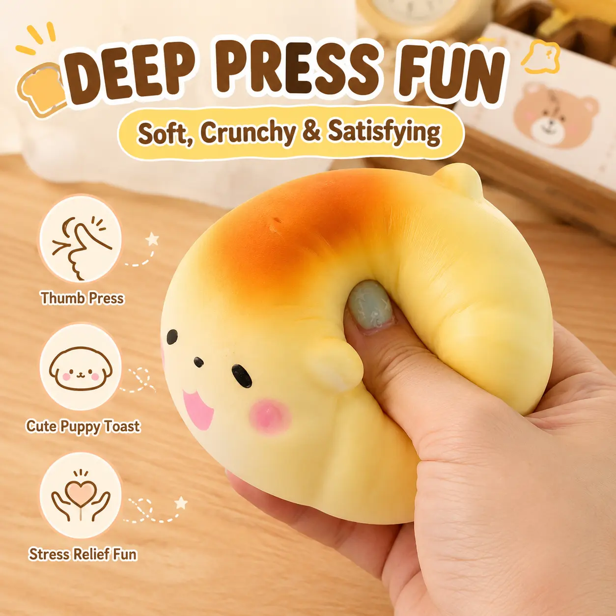 Crunchy Puppy Toast Squishy Toy, 7.5CM Cute Bread Dog Squeeze Toy, Satisfying Crunchy Sound Sensory Fidget Toy for Stress Relief and Desk Play