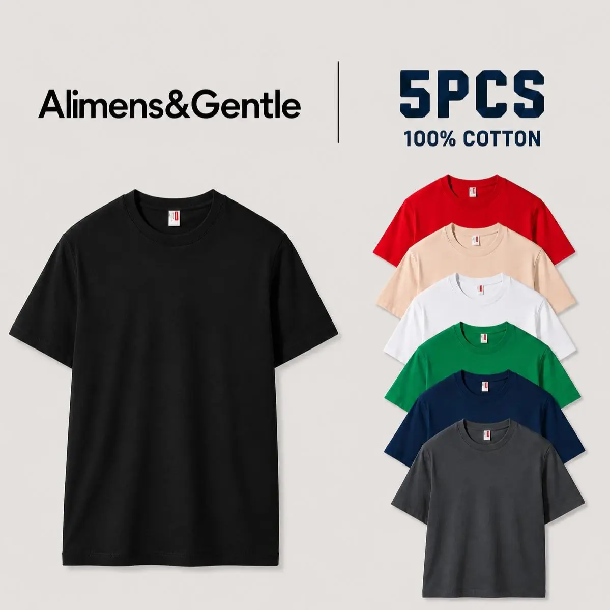 5-Pack 100% cotton Alimens&Gentle Men's Slim Fit Crew Neck Casual T-Shirts - Super Soft, Tagless, Essential Tees for Everyday Wear Breathable Streetwear