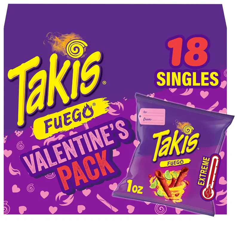 Takis Fuego 18 pc / 1 oz Valentine's Day Multipack, Hot Chili Pepper & Lime Flavored Extreme Spicy Rolled Tortilla Chips