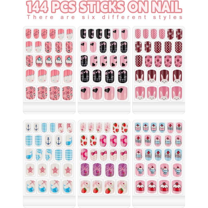 Kalolary 144 PCS Kids False Nail for Girls Gift, Press on Nail Color Short Fake Nails Artificial Nail Full Tips, Lovely Valentine's Day Gift for Little Girls Nail Art Decoration (6 Pack)