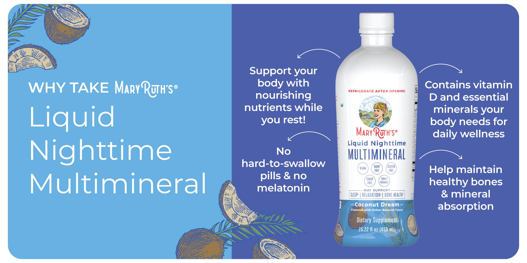 MaryRuth's Liquid Nighttime Multimineral - NO Melatonin - Bedtime Routine - Magnesium - Calcium - Zinc - Sugar Free - Vegan - Gluten Free - 15.22 Fl Oz