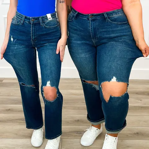 Judy Blue Janelle Women's High-Rise Relaxed Dad Jeans - Stretchy Cotton Denim, Ripped Dark Wash, Lived-In Hip Fit, Tuck-Friendly, Multi-Size Including 14W, 18W-20W Women's Pants
