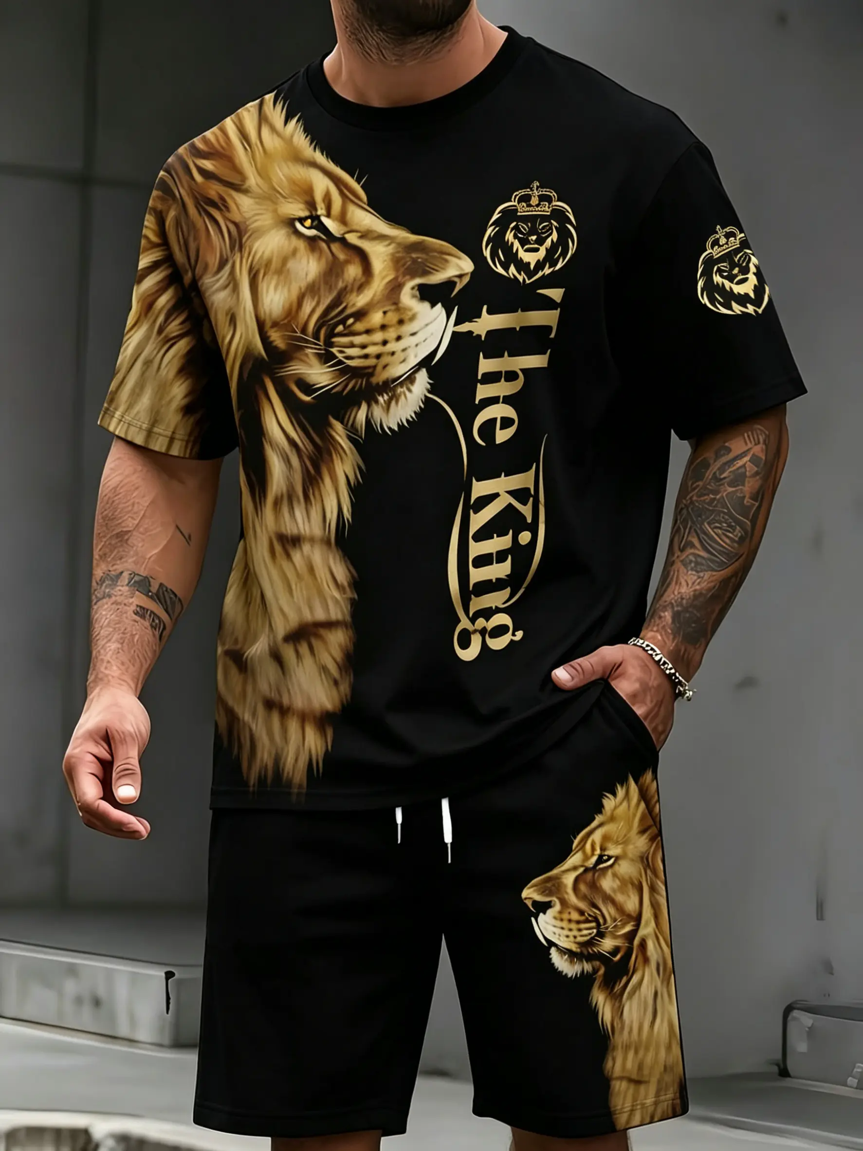 Men's 2-Piece Set The King Lion Print T-Shirt & Shorts Summer Casual Tracksuit fathersdaygift Black Clothes