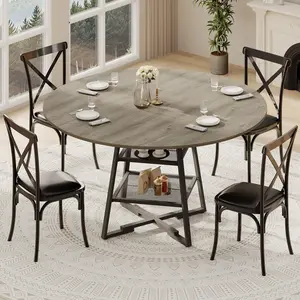 Garvee - Round Dining Table for 4 to 6 People, Circular Dining Table with Metal Base, 42-Inch Wooden Round Table, Wooden Kitchen Tables with Shelf