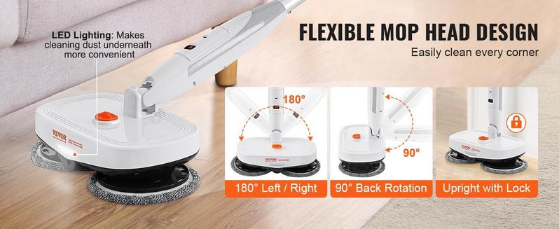 VEVOR Cordless Electric Mop Sweeper, Electric Spin Mop with Water Tank, up to 40 mins Battery, LED Headlight, Dual Mop Heads, 4 Microfiber Pads & 4 Trapezoid Microfiber Pads, for Hardwood/Tile Floor