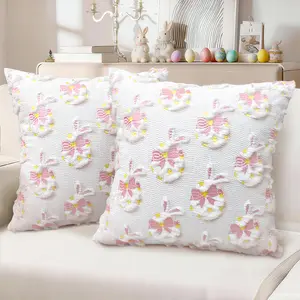 Easter Pillow Covers 18x18 inch Set of 2 Pink Ears White Eggs with Bow Star Embroidered Throw Pillow Covers Bunny Soft Plush Faux Fur Jacquard Cushion Case Decoration for Sofa Couch