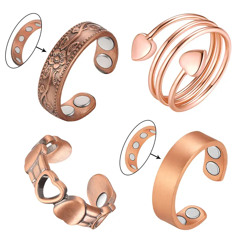 VICMAG 4pcs Pure Copper Magnetic Open Rings for Women, Handmade Minimalist Jewelry Set, Adjustable Expandable Daily Wear, Vicmag Trusted Brand Promise, Meaningful Gifts, Open Ring, Adjustable Expandable Rings