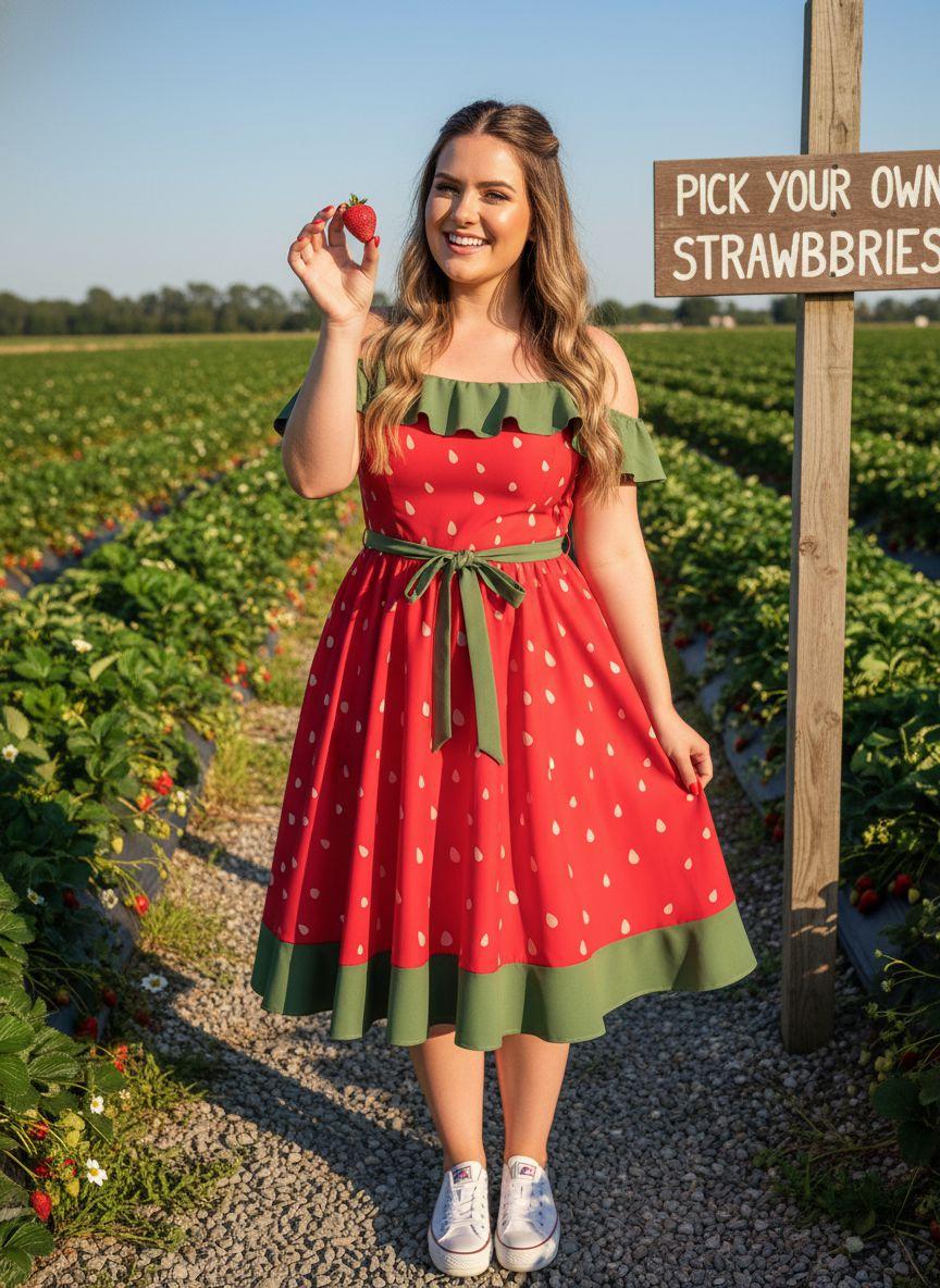 Plus Size Cute Strawberry Dress Aesthetic Summer Look with Bow and Ruffle Trim Sleeveless Vintage Style Retro Stage Boho Bohemian Casual Casual Wear