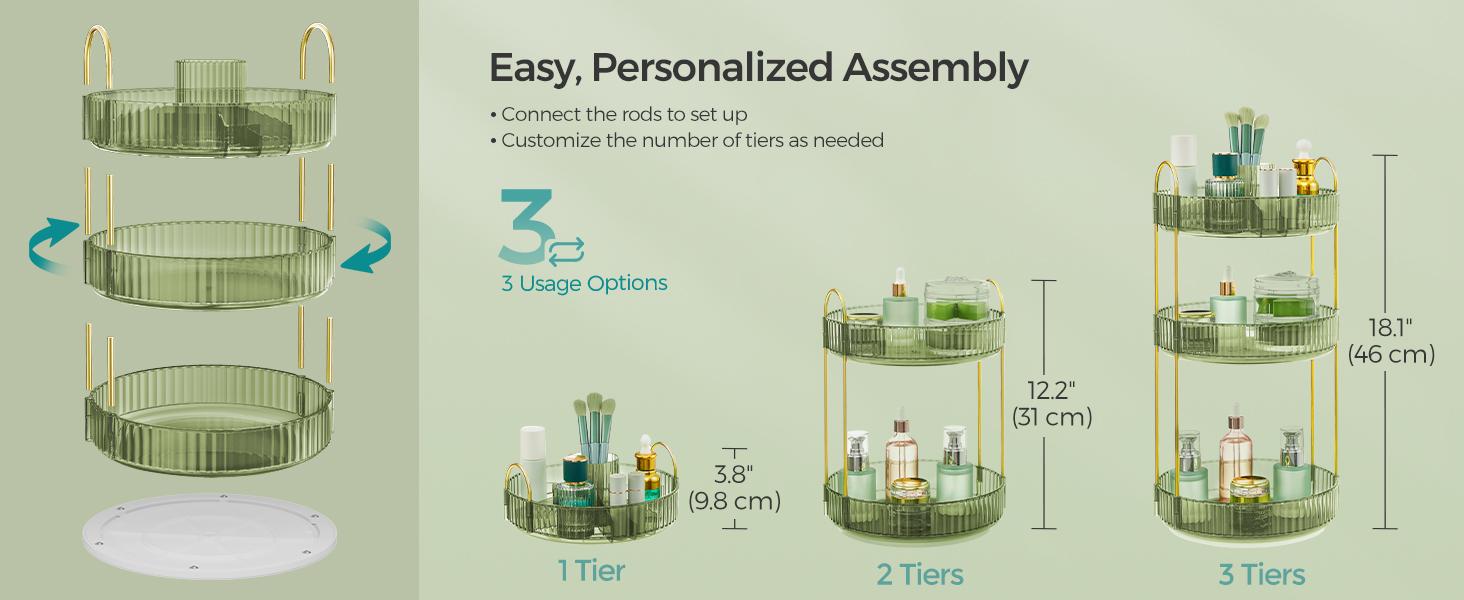 SONGMICS HOME Makeup Organizer, 3-Tier Round Rotating Skincare Organizer Countertop, Customizable, Toiletries Vanity Organizer, Lazy Susan, Gift