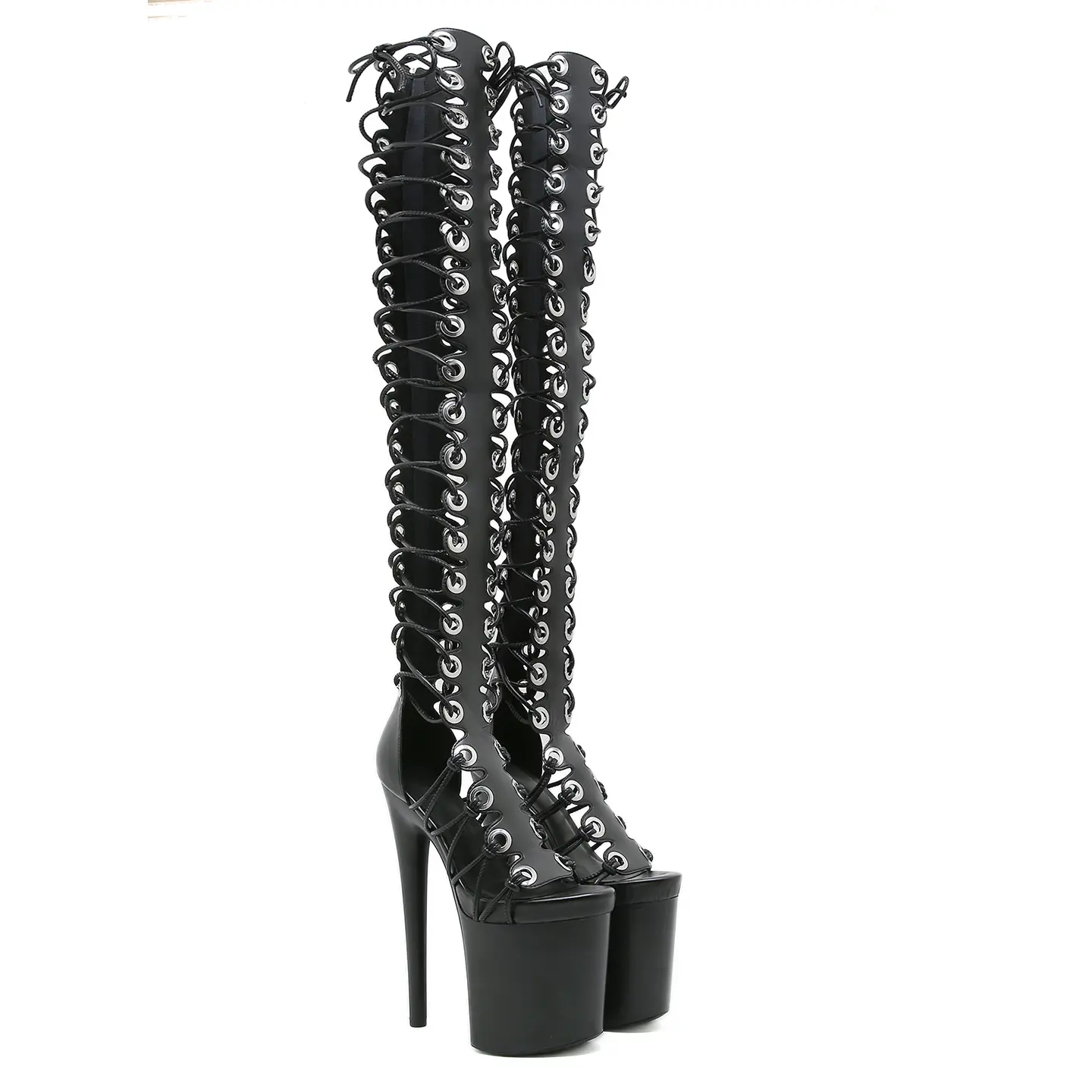 Women's High Heel Thigh-High Gladiator Sandals - Black Faux Leather, Open-Toe, Lace-Up Platform Fancy Elegant Heeled Clubwear Evening Footwear