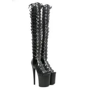 Women's Thigh-High Gladiator Sandals - Black Faux Leather, Open-Toe, Lace-Up Platform High Heel Footwear for Club, Party
