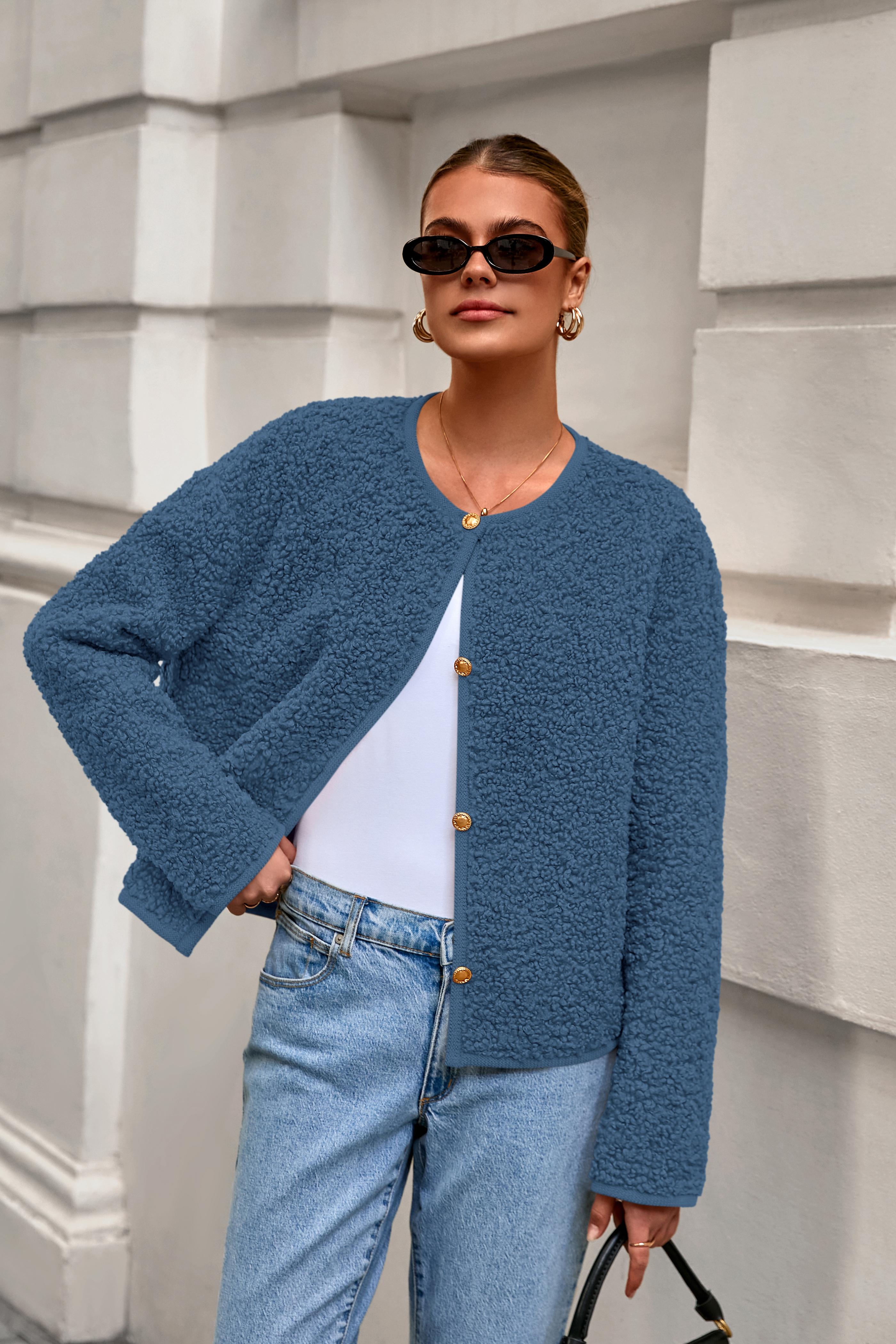 PRETTYGARDEN Women's Winter Coat Teddy Bear Soft Faux Fur Jacket Fuzzy Fleece Cropped Outerwear with Buttons Warm Cozy Fall Fashion Coat Trendy Cute Jackets for Women Winter Essentials - Casual Long Sleeve Fitted Crewneck Minimalist