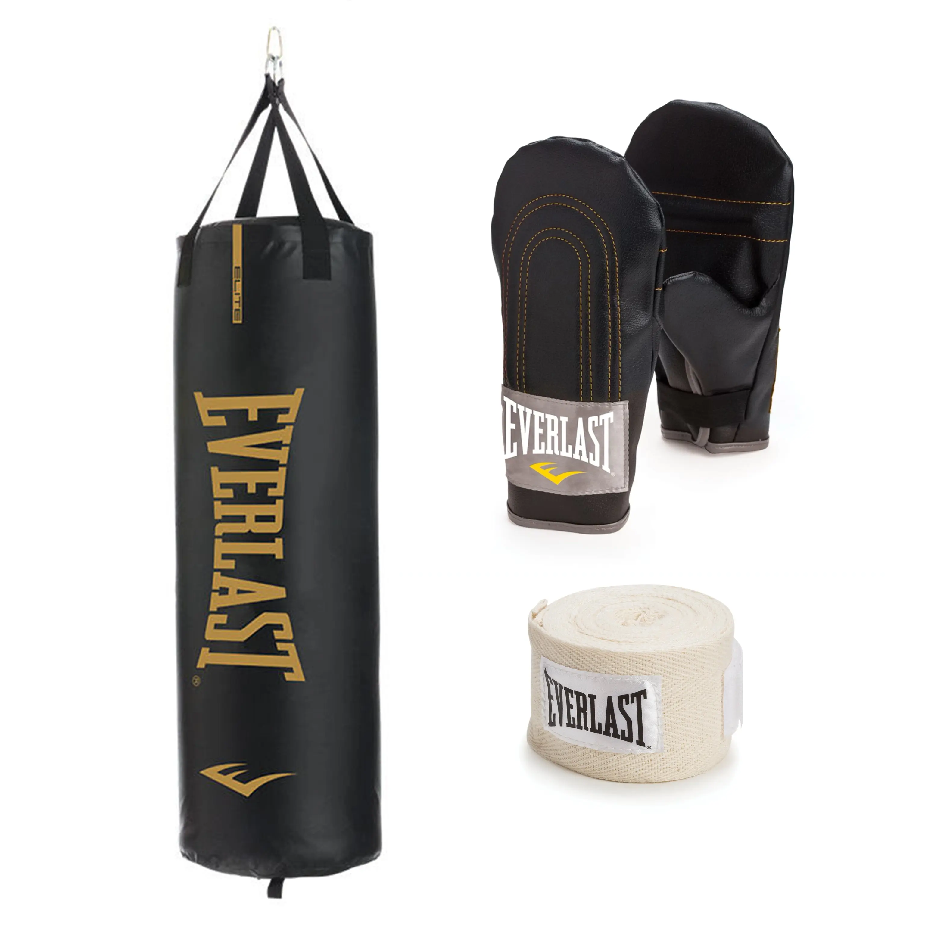 100lb Traditional Elite Boxing Heavy Punching Bag Bundle, Quiet Chainless Design, Dual Straps, Boxing Gloves, Hand Wraps for Home Boxing Training Gear