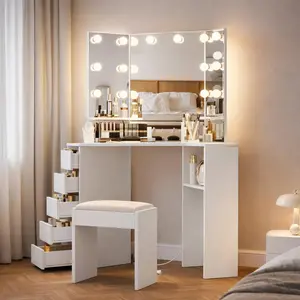 Vanity Desk with Mirror and Lights, Corner Makeup Vanity with 3 Lighting Modes & Dimmable LED Lights, Vanity Table with Storage 5 Drawers & Open Display Shelves, Dressing Table with Padded Stool