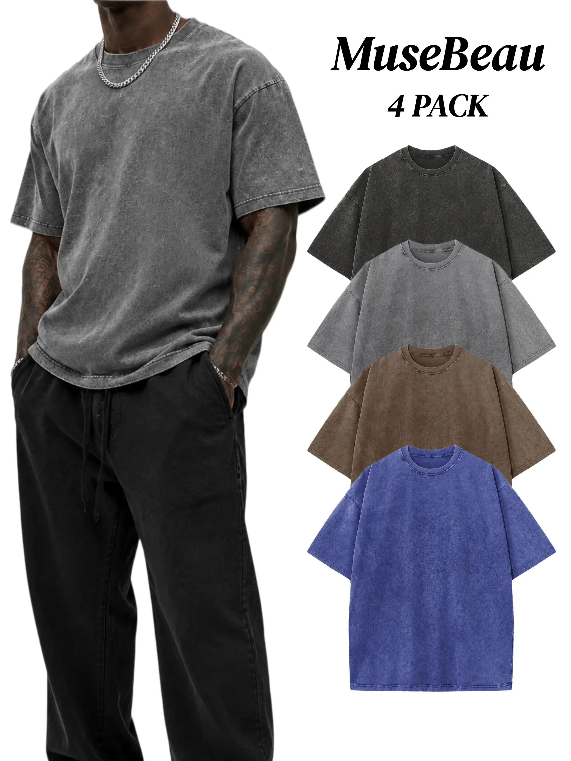 MUSEBEAU Men's 4-Pack Oversized 240g Pure Cotton Short-Sleeve T-Shirts - Unisex Baggy Plain Foldable Clothes, Acid Wash Loose-Fit Retro Streetwear, Soft Breathable Heavyweight Tops for Everyday Wear, Gym, Shortsleeve Menswear,Summer Outfit,All Seasons