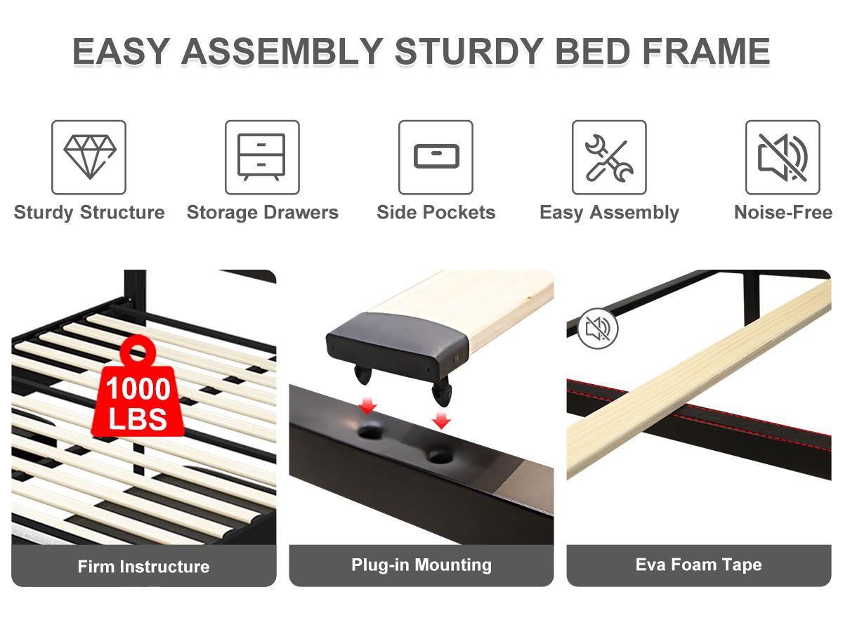 Queen LED Bed Frame with 2 Storage Drawers, Upholstered Platform Bed with Crystal Button Tufted Headboard, Noise-Free, No Box Spring Needed – PU & Velvet, Black/Gray/White/Cream