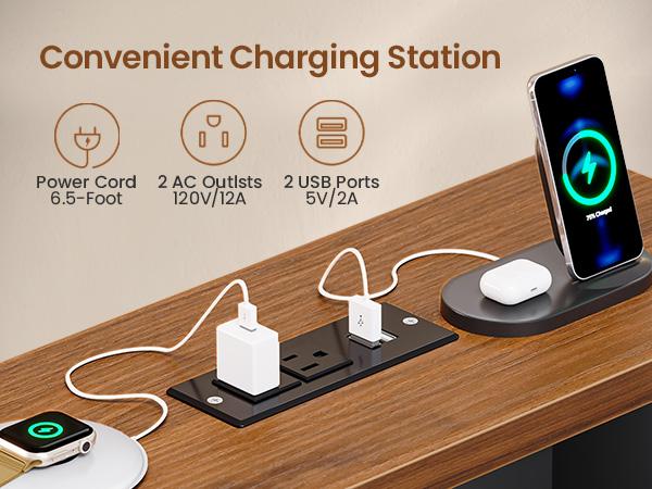 SEDETA 55 Inch Farmhouse Computer Desk with 4 Drawers Power Outlet Gaming Desk with Led Lights Storage Shelves Printer Cabinet