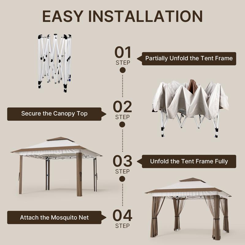 Gizoon 11x11 Pop Up Gazebo Tent with Mosquito Netting, Instant Gazebo, Party Tent with Roller Bag, Pop Up Canopy Tent for Parties Patio Lawn Backyard Garden Deck, Grey, UV Protection, Adjustable Heights, Large Space