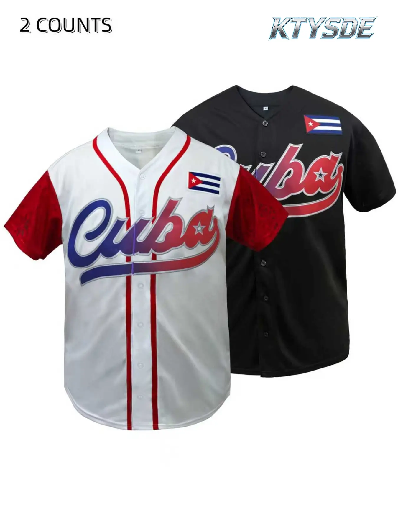 KTYSDE Cuba Style Baseball Jersey for Men Women, with Cuban Flag Patch Button Down Short Sleeve Red White Casual Sports Wear Sports Fan Shirt Sports Tops