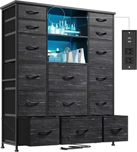 RaybeeFurniture 51" Tall Dresser with 15 Drawers, Built-in Charging Station, LED Lighted Storage Cabinet with Hutch, Wood Top & Steel Frame for Bedroom, Living Room, Hallway, Closet | Modern Fabric Storage Organizer for Small Spaces, Apartment & Dorm