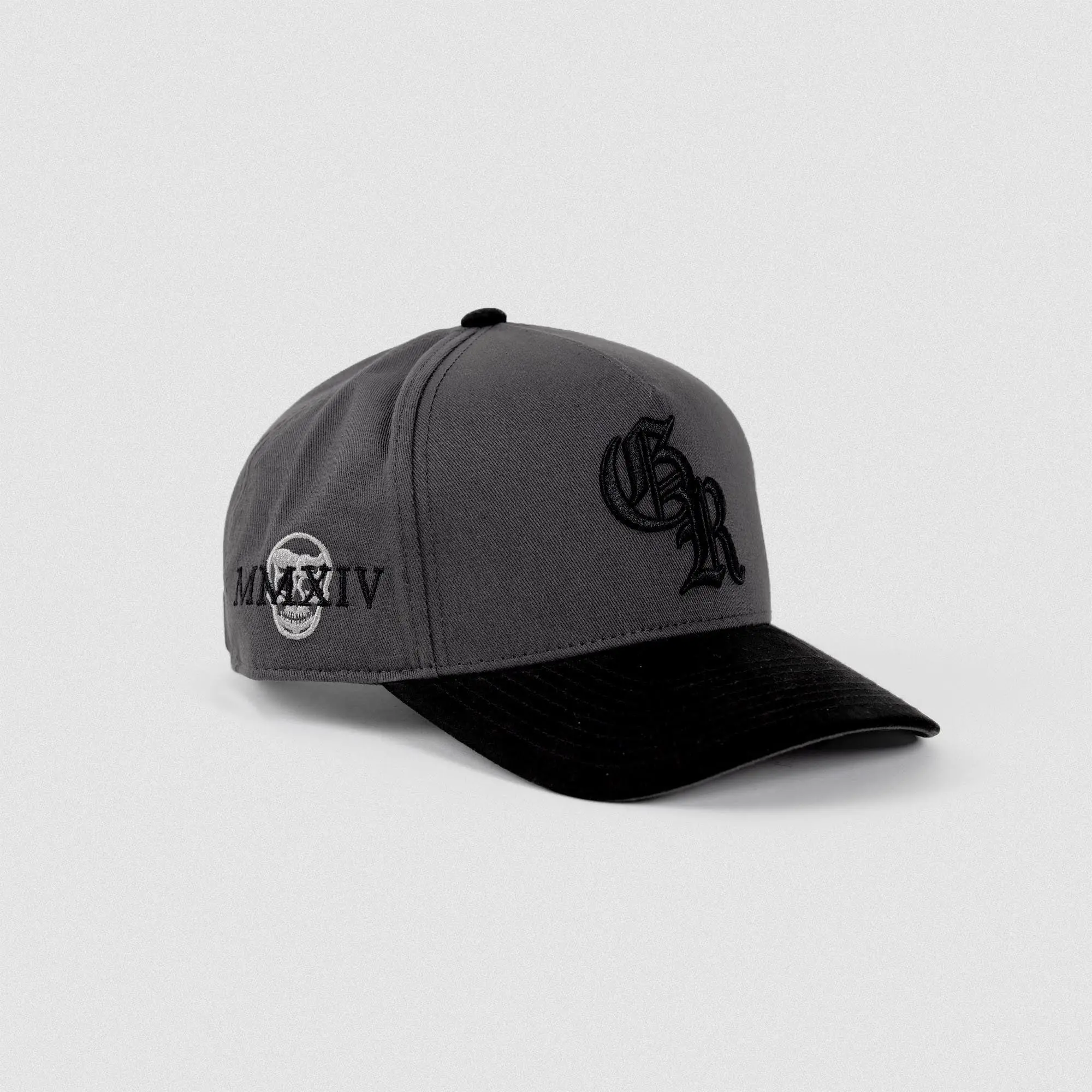 5-Panel Initial Suede Hat - Gray/Black with Curved Suede Bill, Embroidered Initial Logo, Adjustable Branded Buckle, One Size Fits Most