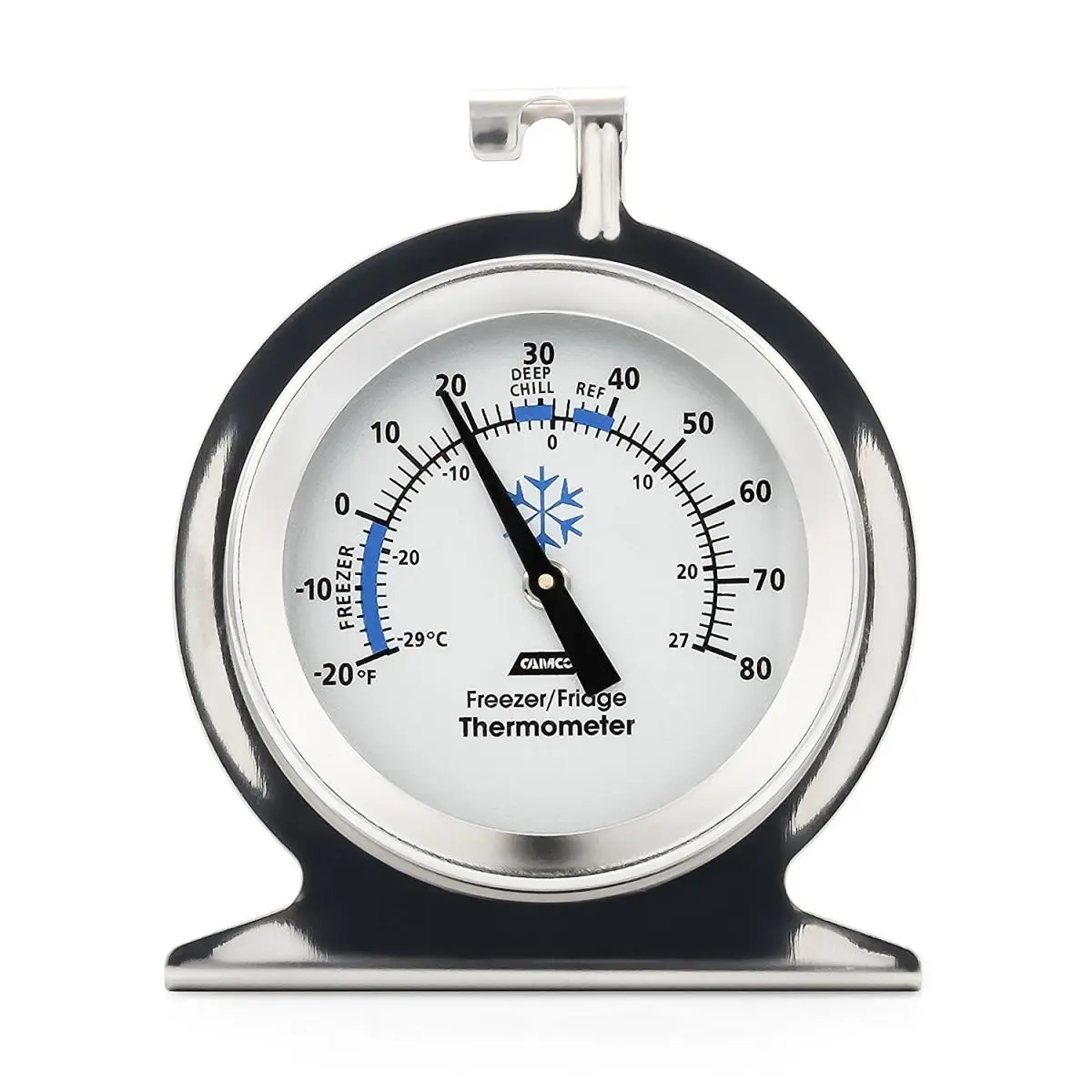 Camco Stainless Steel Mechanical Kitchen Thermometer - Easy-Read Dial Display, Hooks for Hanging or Standing, Monitors Internal Temperature for Refrigerator & Freezer Use