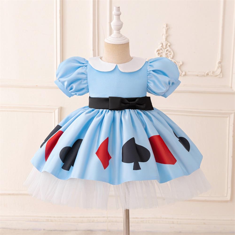 01 Kids Young Girls Christmas/Halloween/Party Dress Tulle Bubble Sleeves Blue Mesh Stage Performance Alice in Wonderland Dress Bead Decoration Princess Party Outfit