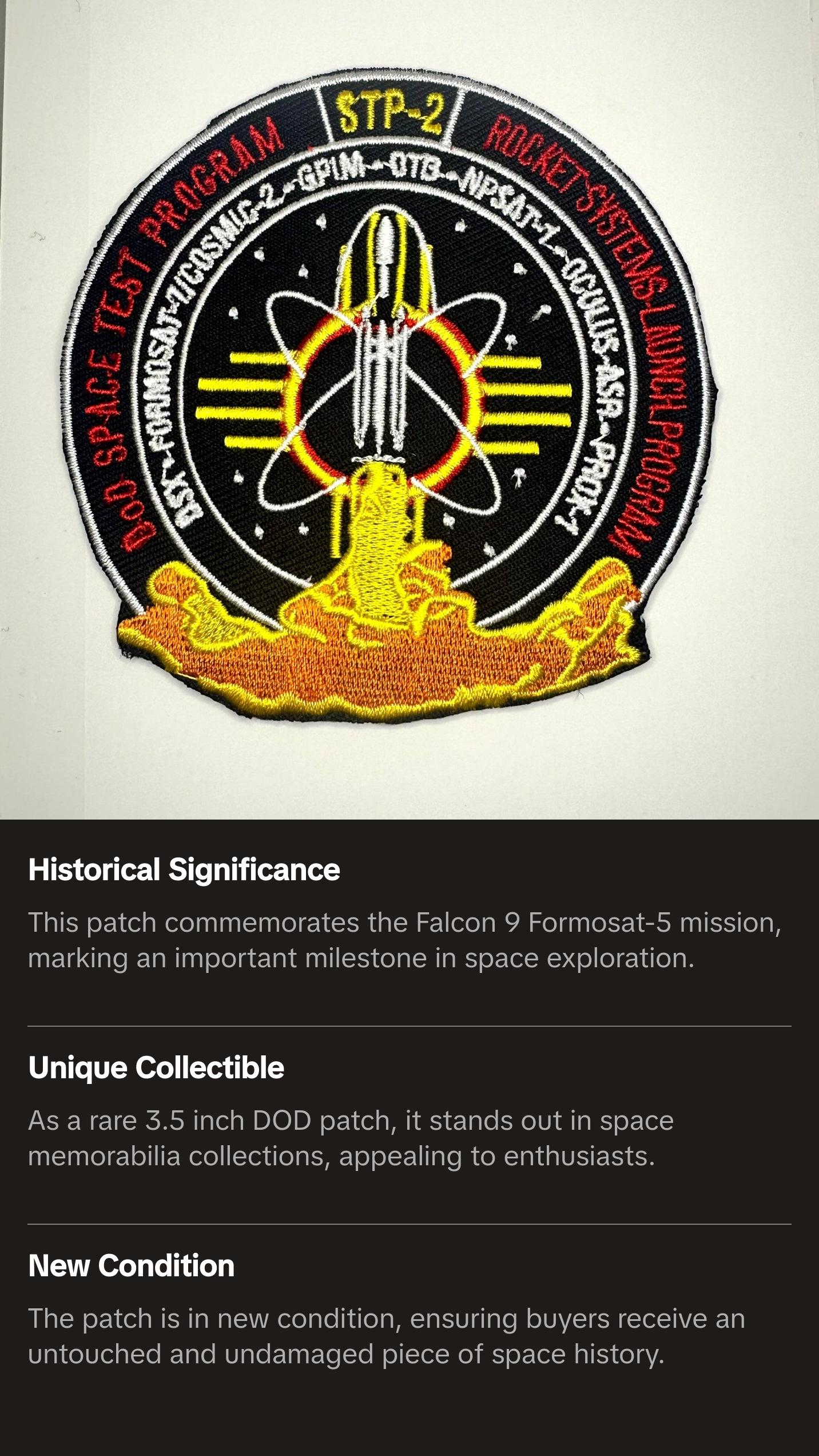 FALCON 9 FORMOSAT-5 SPACEX PATCH 3.5 DOD SPACE TEST PROGRAM MISSION LAUNCH