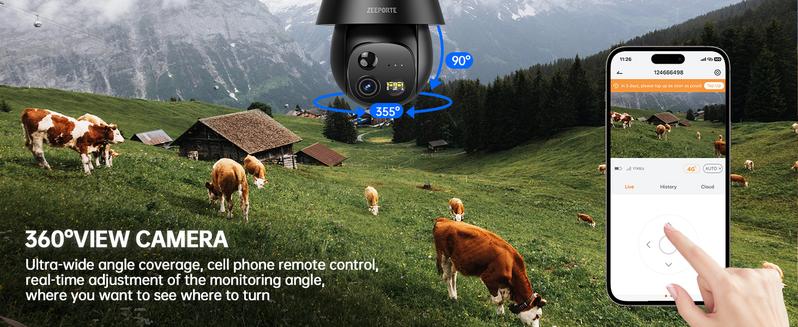 ZEEPORTE 2K WIFI  Security Cameras Wireless Outdoor-360° PTZ Cameras for Home Security with Solar Panel/Battery Powered, Night Vision, Two-Way Audio, PIR Sensor