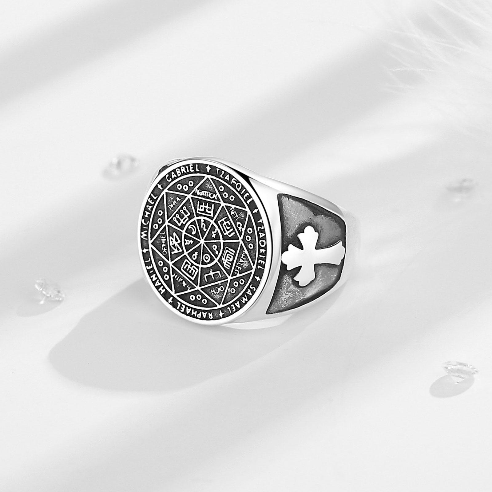 Eudora S925 Sliver Vintage Saint Benedict Ring, Adjustable St.Benedict Open Ring, Unisex Band with Benedictine Cross & Latin Inscriptions, Christian Jewelry Gift