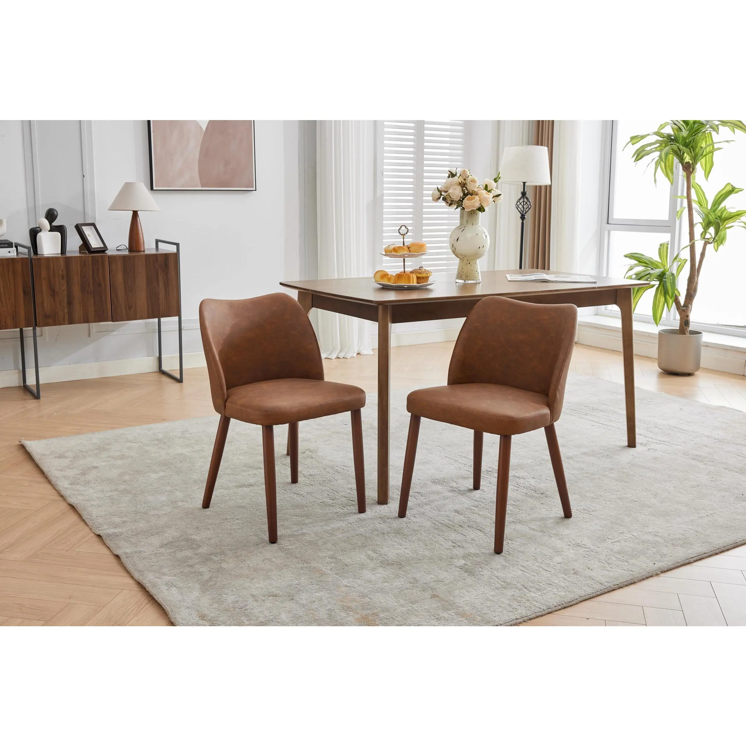 GARVEE Dining Chair Set of 2, Modern PU Upholstered Kitchen Chair with Padded Seat, Ideal for Living Room, Restaurant, Coffee Bar, Brown