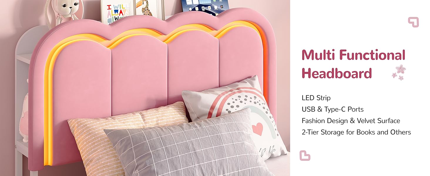 Vabches Twin LED Bed Frame with Storage Headboard and 4 Drawers, Upholstered Platform Bed Frame with Bookcase, Velvet Princess Bed for Kids Girls, Charging Station, No Box Spring Needed