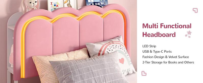 Vabches Twin LED Bed Frame with Storage Headboard and 4 Drawers, Upholstered Platform Bed Frame with Bookcase, Velvet Princess Bed for Kids Girls, Charging Station, No Box Spring Needed