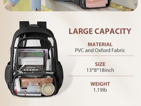 Clear Backpack, Fabric & PVC, Unisex Heavy-Duty Spacious Transparent Bookbag, Back to school gift, for School, Travel, Concerts, Vacation, Security