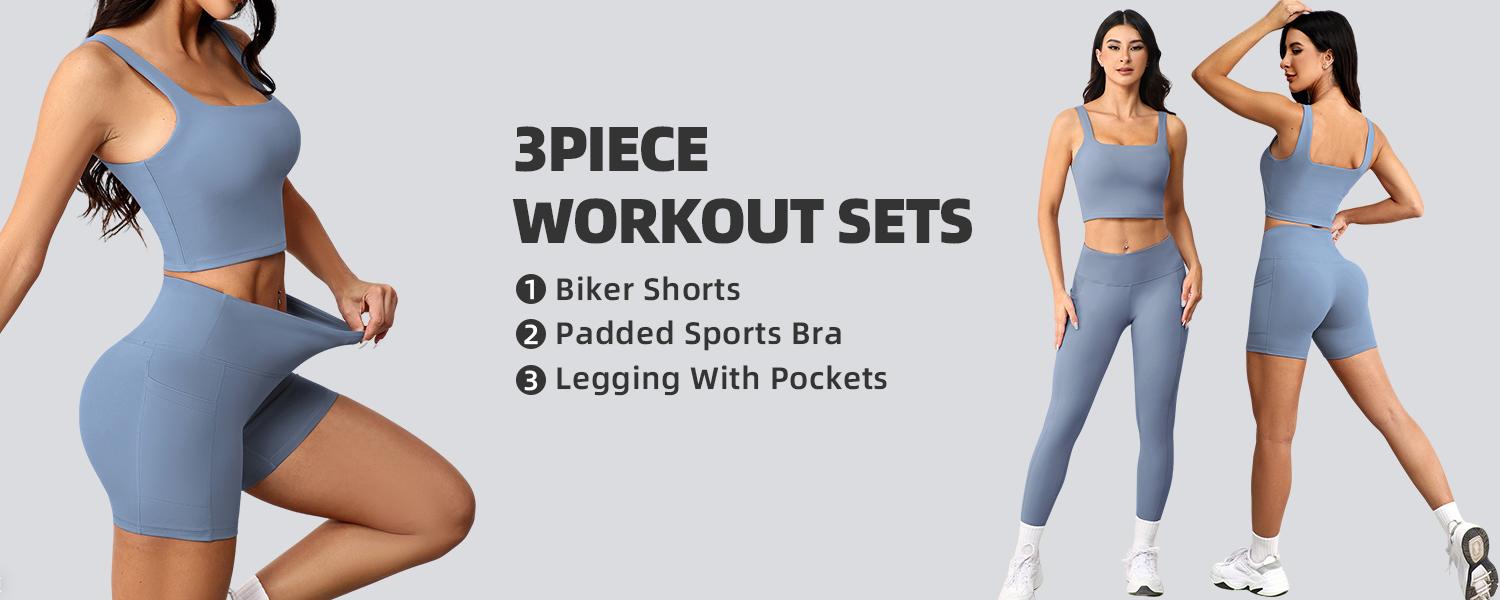 CHRLEISURE 3 Piece Workout Sets for Women High Waisted Leggings with Pockets Tummy Control Biker Shorts Yoga Sports Bra
