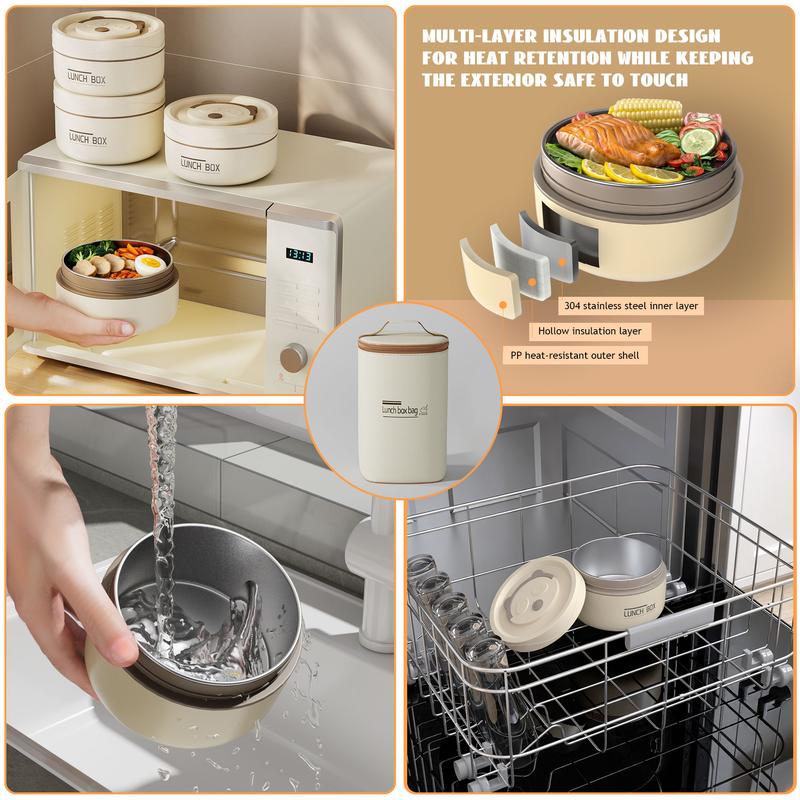Nifogo Insulated Bento Box Portable Stainless Steel FoodContainer Round Microwave Safe Stackable Leakproof Thermal Food Container for Adult Men Women with Insulated Bag (Beige) lunch box mom running lunchbox bento box