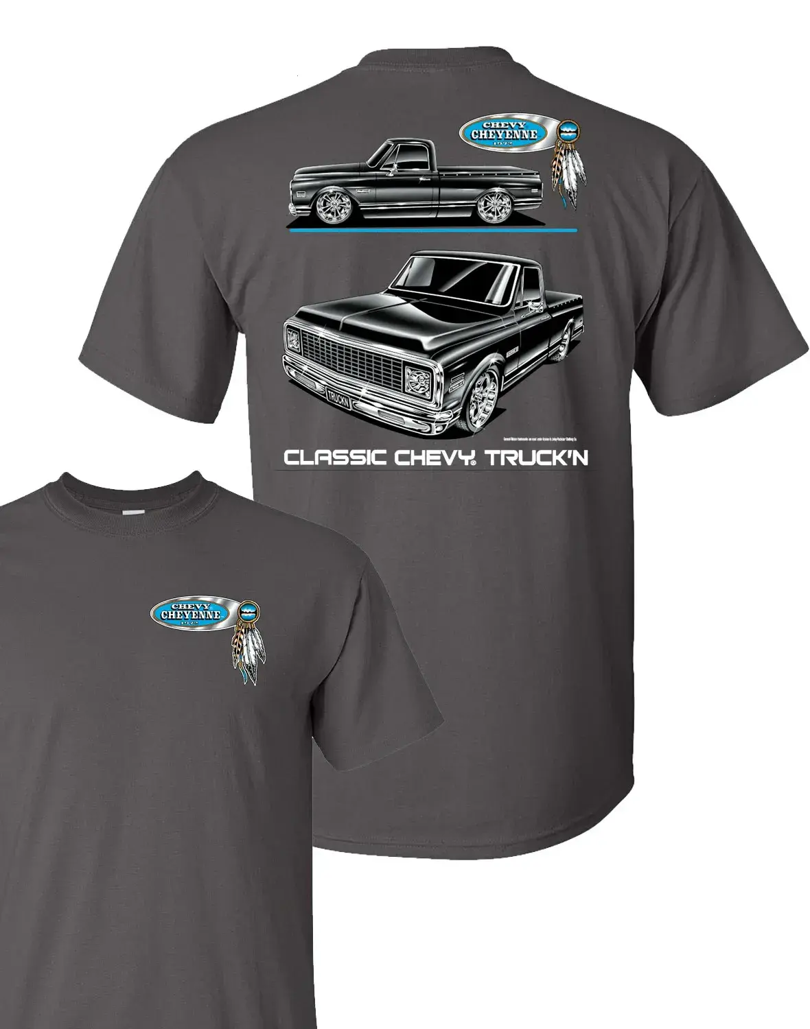 1971-1972 Chevy C10 Cheyenne Pickup T-Shirt - Gray w/ Black Trucks (Licensed)