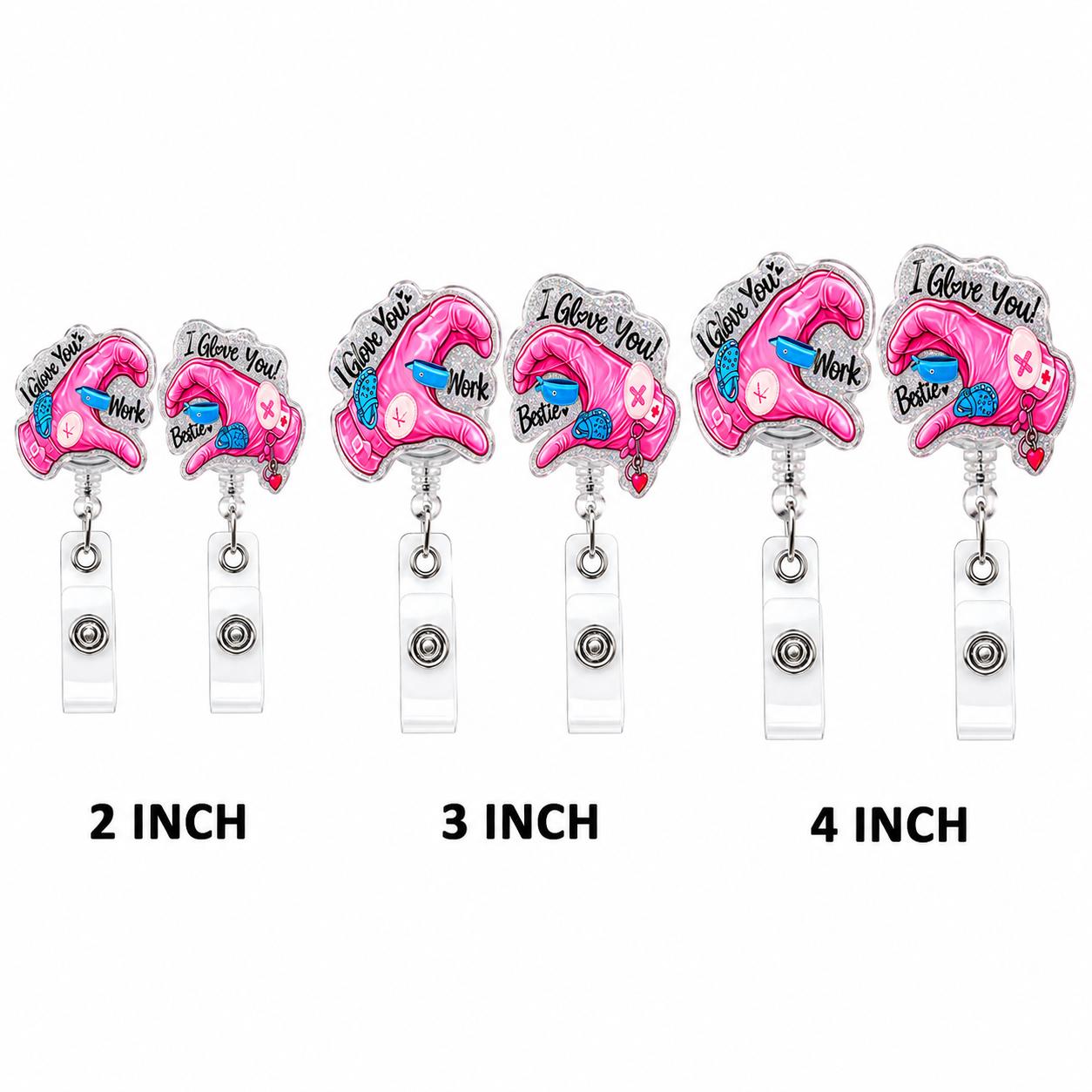 Work Bestie Badge Reel Set, Matching Glove Heart Acrylic Badge Holder with Retractable Clip for Nurses and CNAs