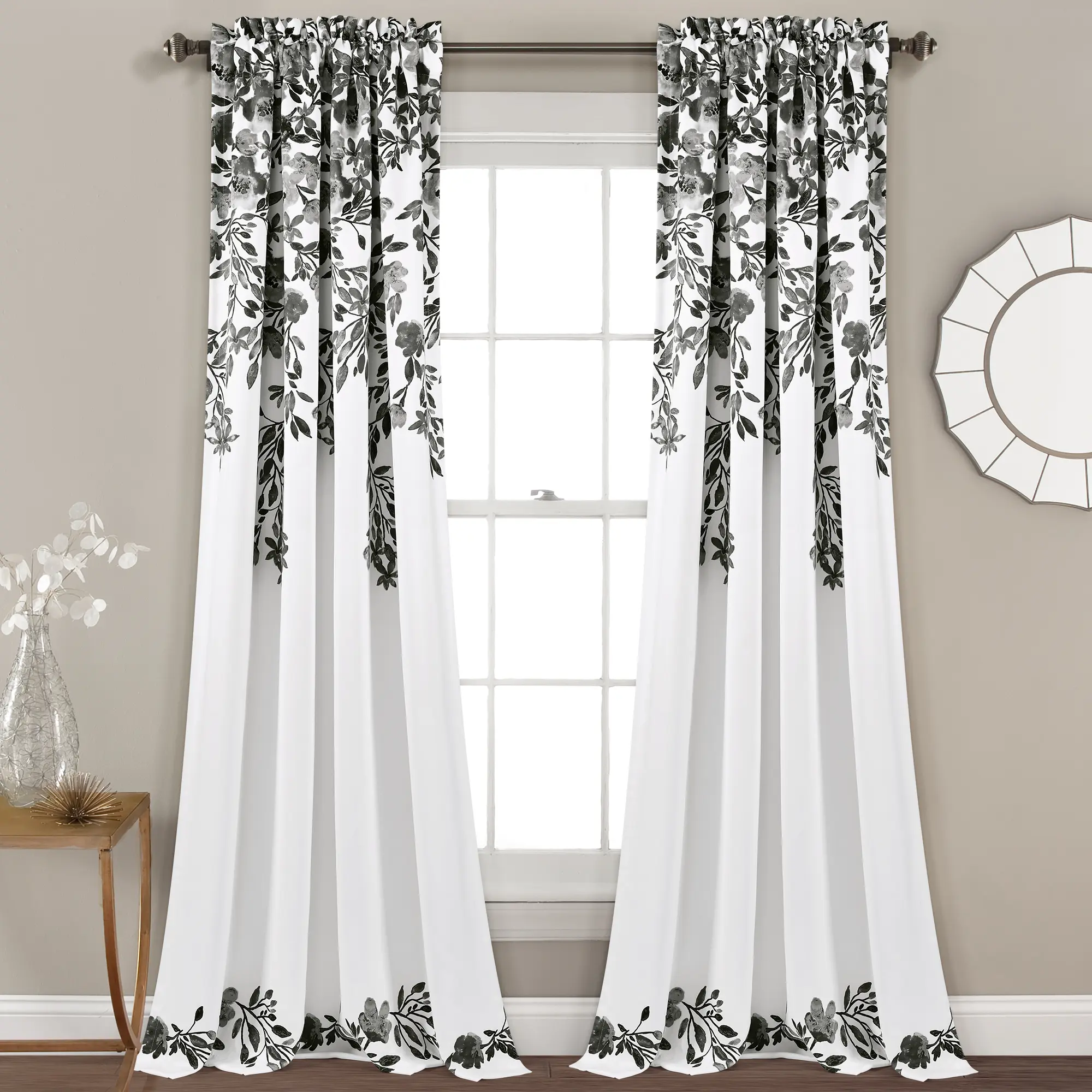 Lush Decor Tanisha Light Filtering Floral Print Curtain Panel Set - 100% Polyester, Room Darkening, Machine Washable, for Living Room & Aesthetic Home Decor Items (52"W x 45"L, 63"L, 84"L, 95"L, 108"L Options), Living Room Decor