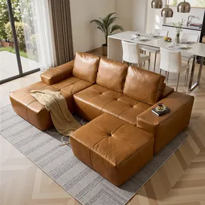 Weaxty Faux Leather Sectional Couch, Modular Vintage Sofa with Chaise&Ottoman, L-Shaped Oil Wax Removeable Sofa Set for Living Room, No Assembly Needed, Back Support[3 Packages Shipping]