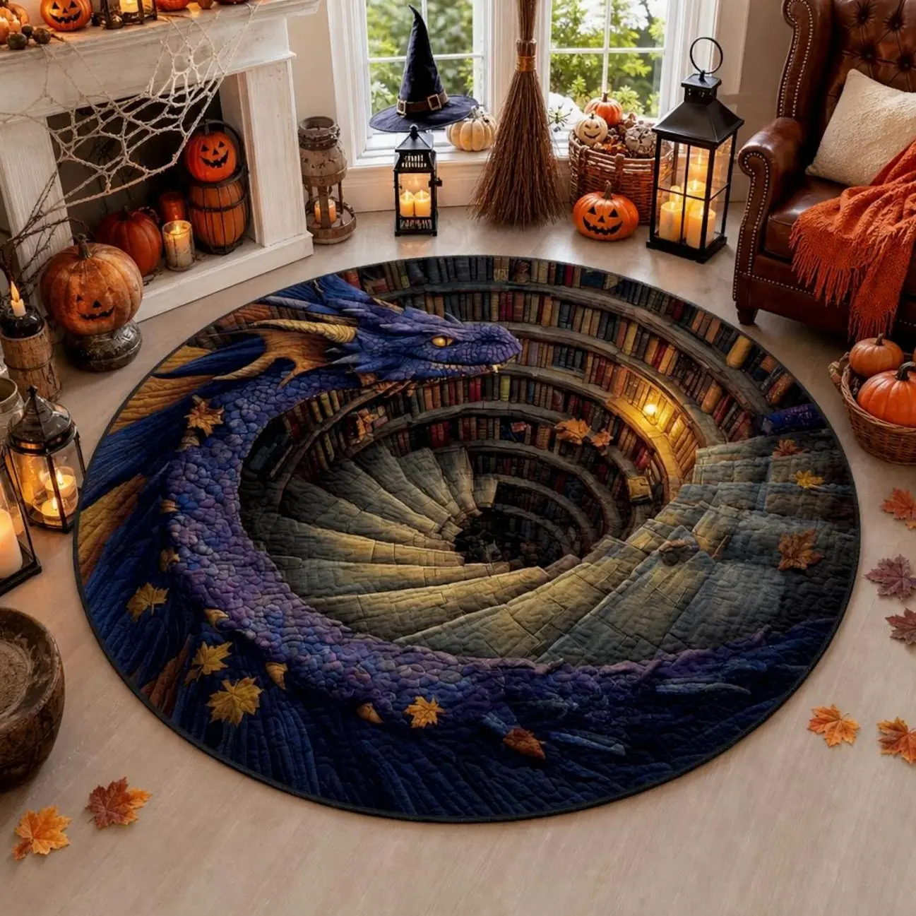Halloween Fantasy Dragon Circle Rug, 3D Optical Illusion Spiral Library Rug, Mystical Purple Dragon Floor Carpet,Gift for Halloween Lovers