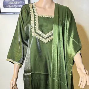 Green Silk Salwar Kameez with Gold Trim