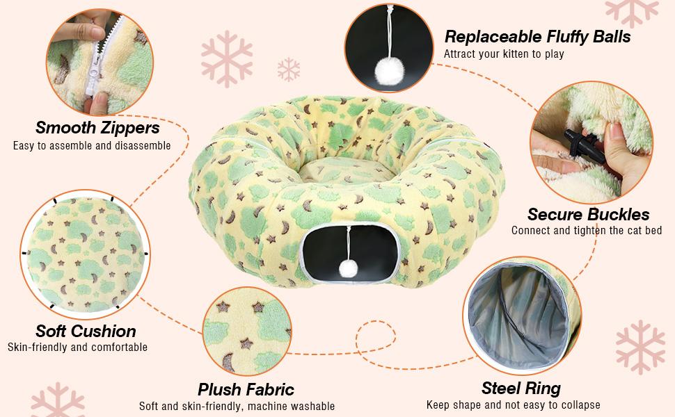 Cat Tunnels for Indoor Cats, 35'' Plush Cat Tunnel Bed Christmas Tree Skirt with Playful Ball and Circle Cushion, Foldable Peekaboo Cave, Interactive Toy,